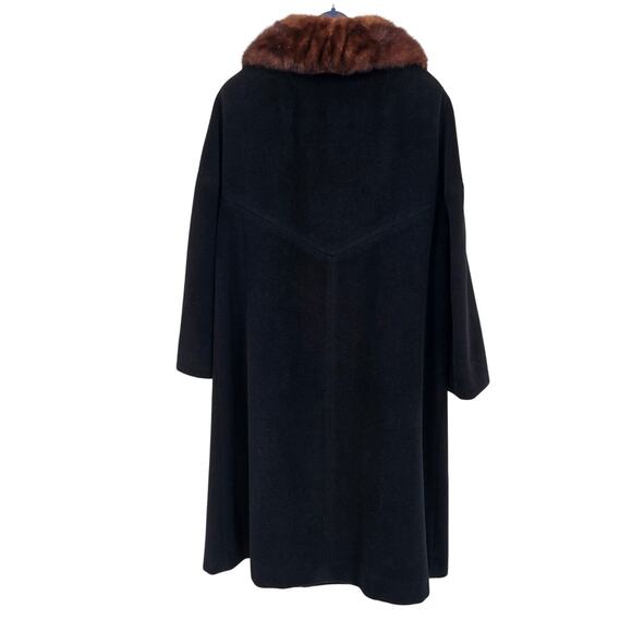 Vintage 1950s 60s Hudson Belk Black Wool Swing Coat Brown Mink Collar Union Made - Picture 2 of 10
